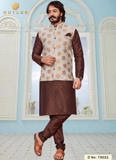 Brown Colour Outluk Vol 75 Latest Designer Festive Wear Kurta Pajama With Jacket Collection 75021